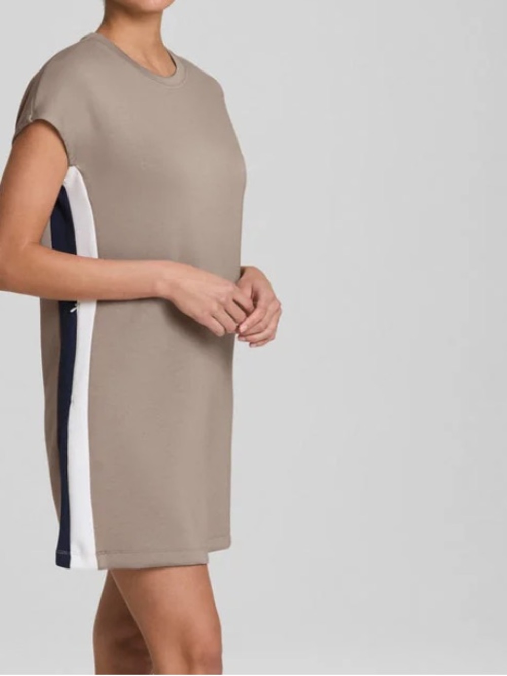 SPANX AIRESSENTIALS COLORBLOCK MINI T-SHIRT DRESS, Beige, Small, NEW NWT